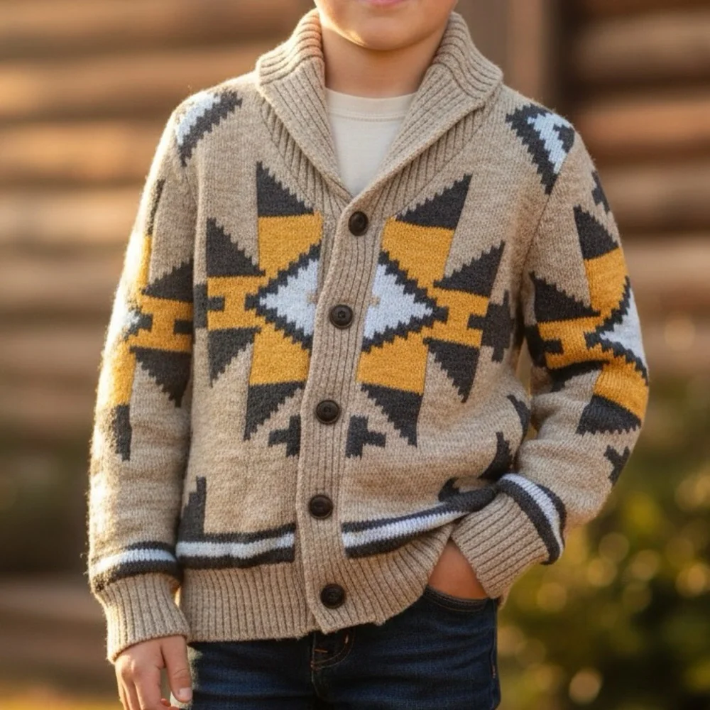 Boys Southwestern Aztec OshKosh B'gosh Tan Cotton Blend Shawl Collar Cardigan 6‎